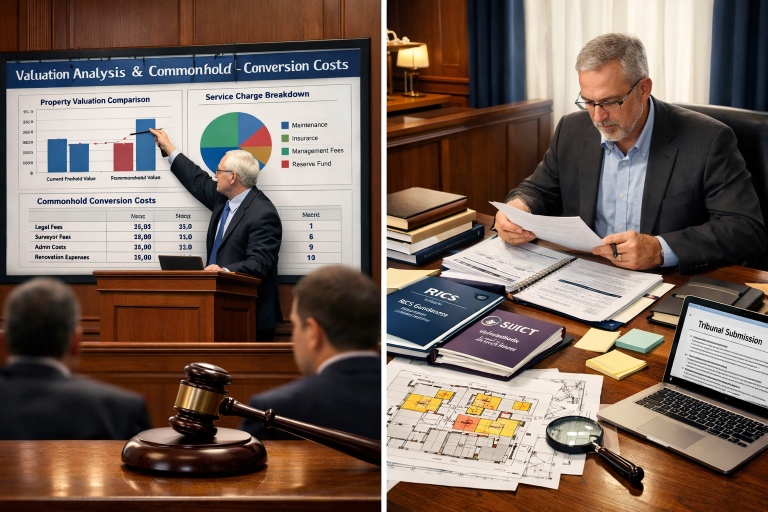 () sophisticated split-screen composition showing courtroom testimony preparation: left side displays expert witness