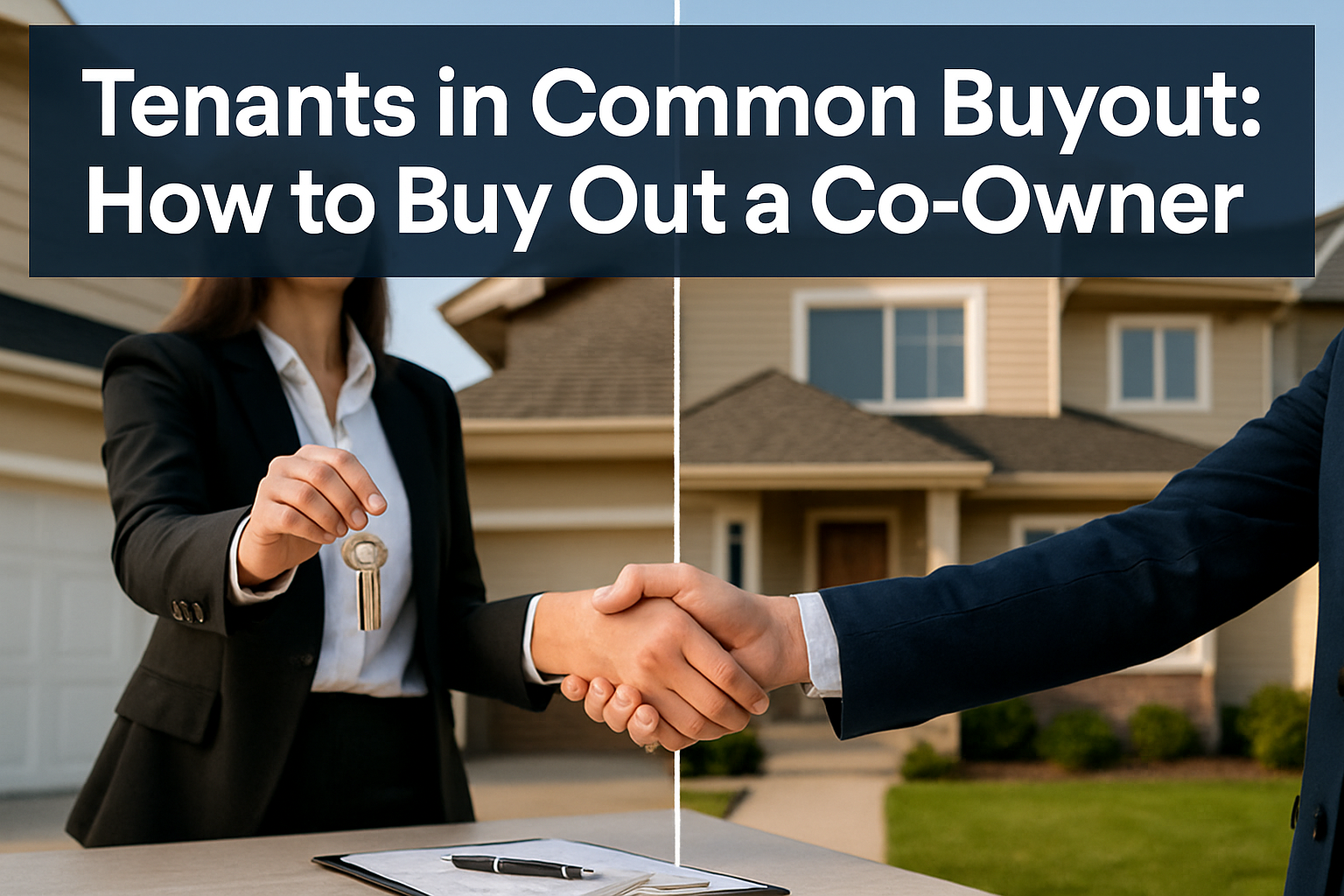 Professional landscape hero image (1536x1024) featuring bold text overlay 'Tenants in Common Buyout: How to Buy Out a Co-Owner' in extra lar