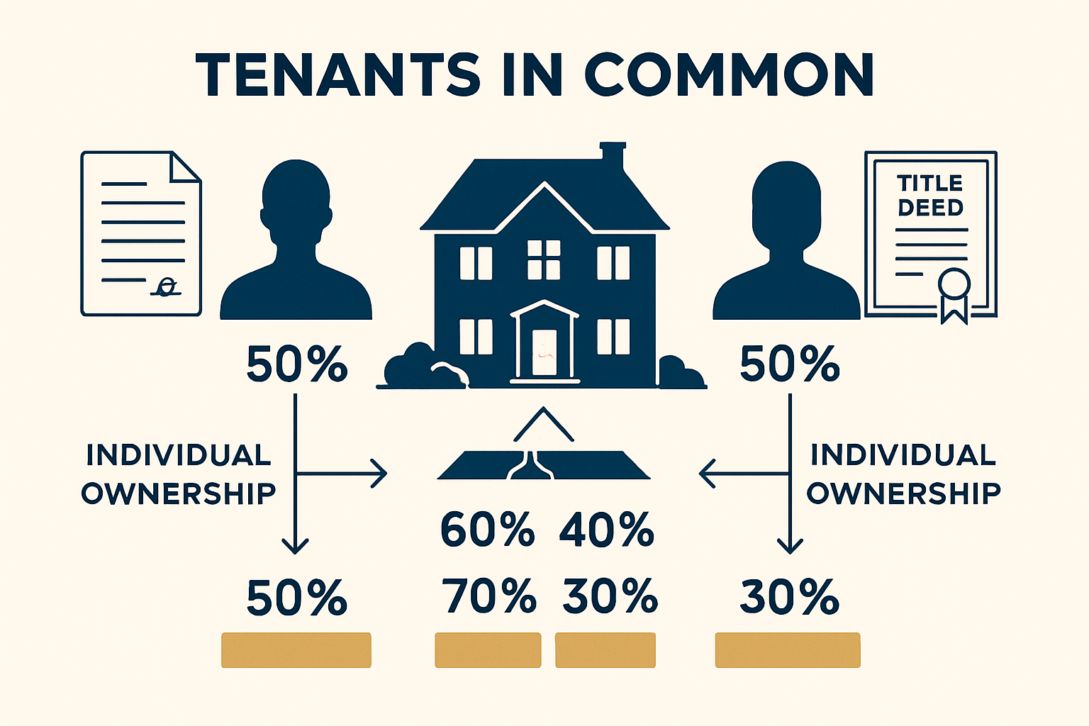 Detailed landscape illustration (1536x1024) showing tenants in common ownership structure with infographic elements: residential property in