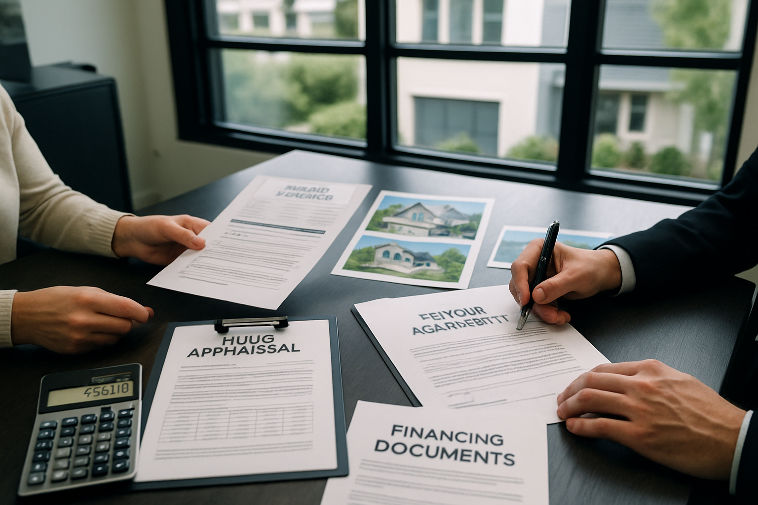 Professional landscape photograph (1536x1024) depicting buyout negotiation process: modern conference table with legal documents spread out,