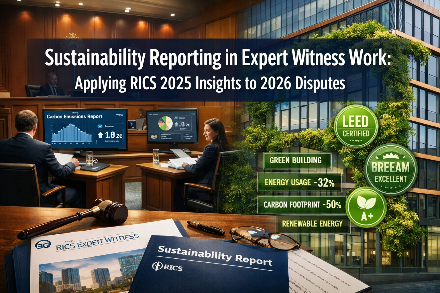 Professional () hero image featuring 'Sustainability Reporting in Expert Witness Work: Applying RICS 2025 Insights to 2026