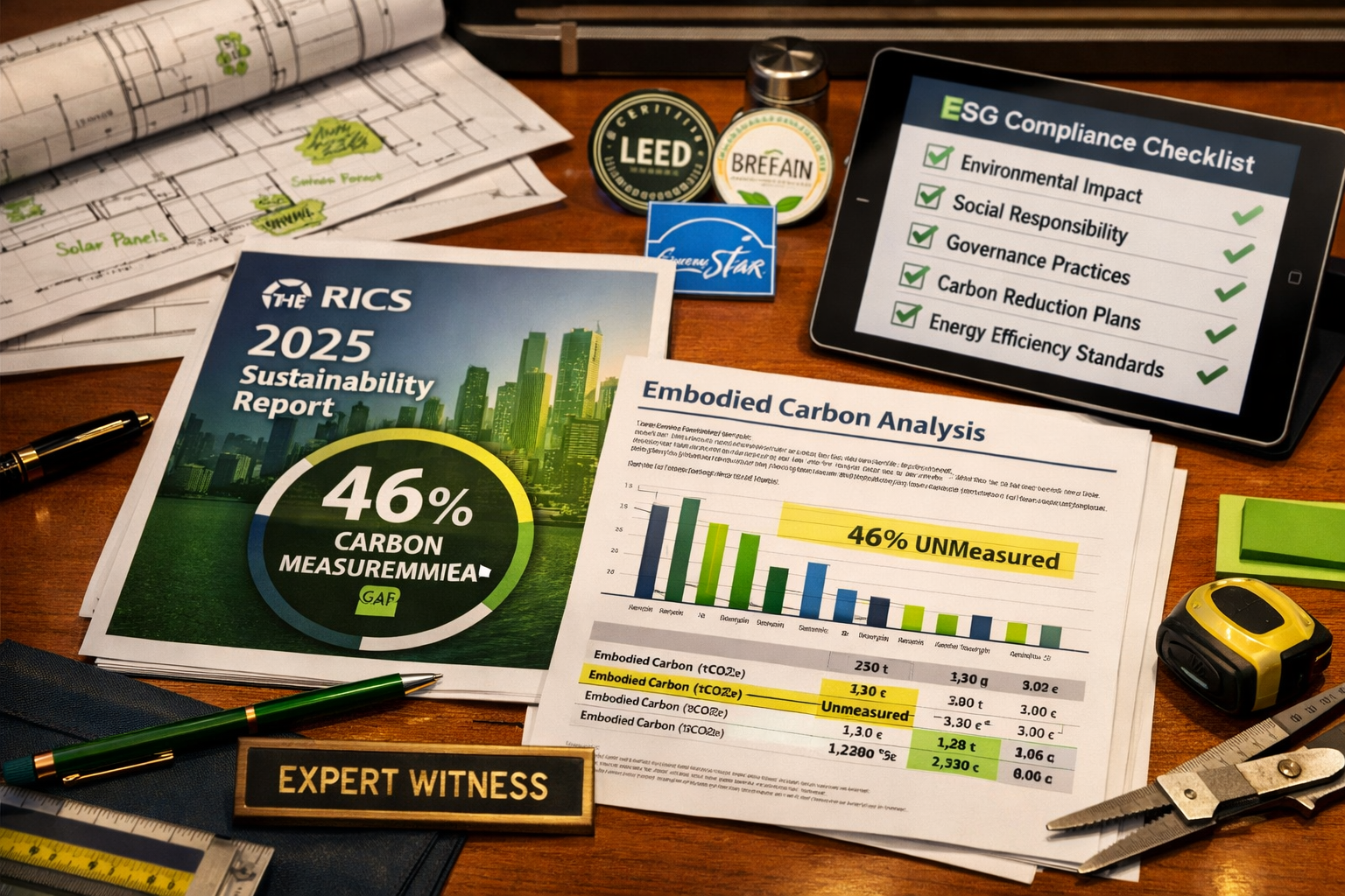 Detailed () image showing close-up of professional surveyor's desk with RICS 2025 sustainability report documents, carbon