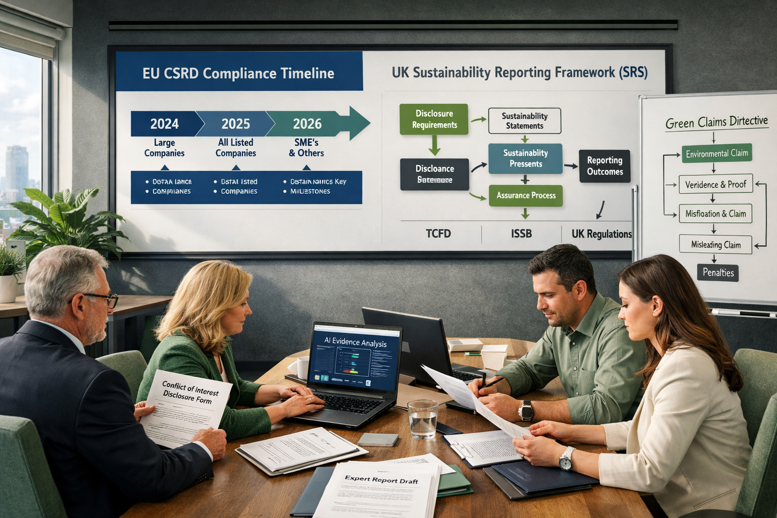 Wide-angle () image of modern legal conference room during expert witness testimony preparation, large wall-mounted screen