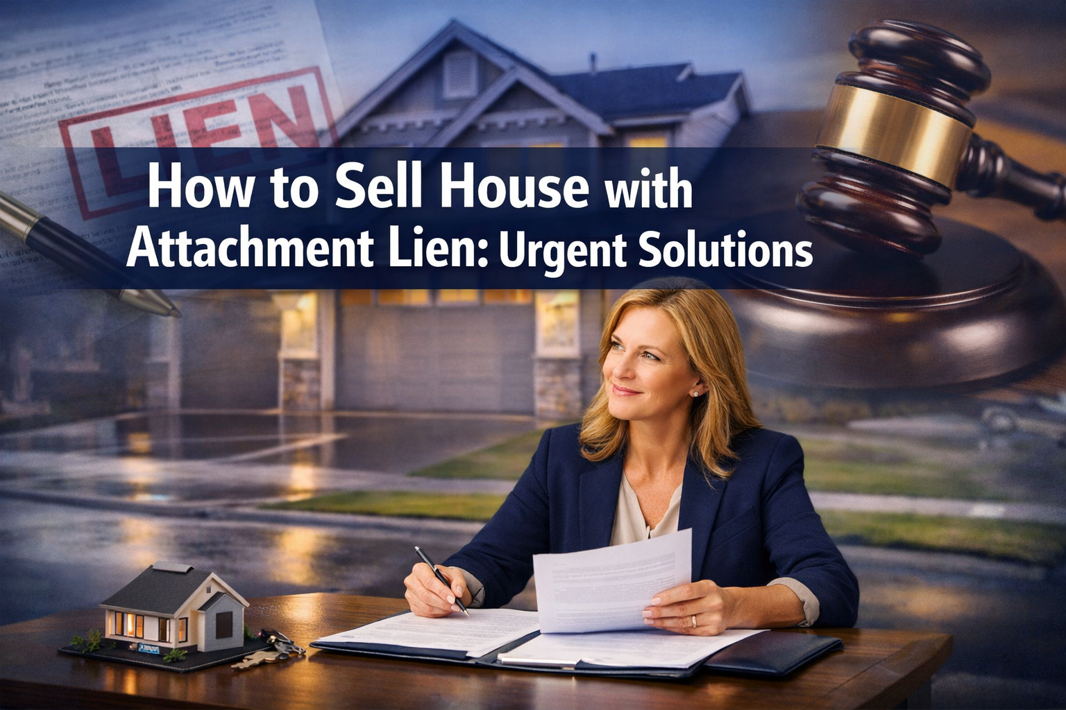 Professional landscape format (1536x1024) hero image featuring bold text overlay 'How to Sell House with Attachment Lien: Urgent Solutions'