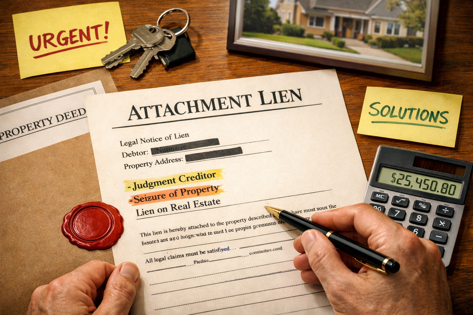 Detailed landscape format (1536x1024) image showing close-up of official court attachment lien document on wooden desk with 'ATTACHMENT LIEN