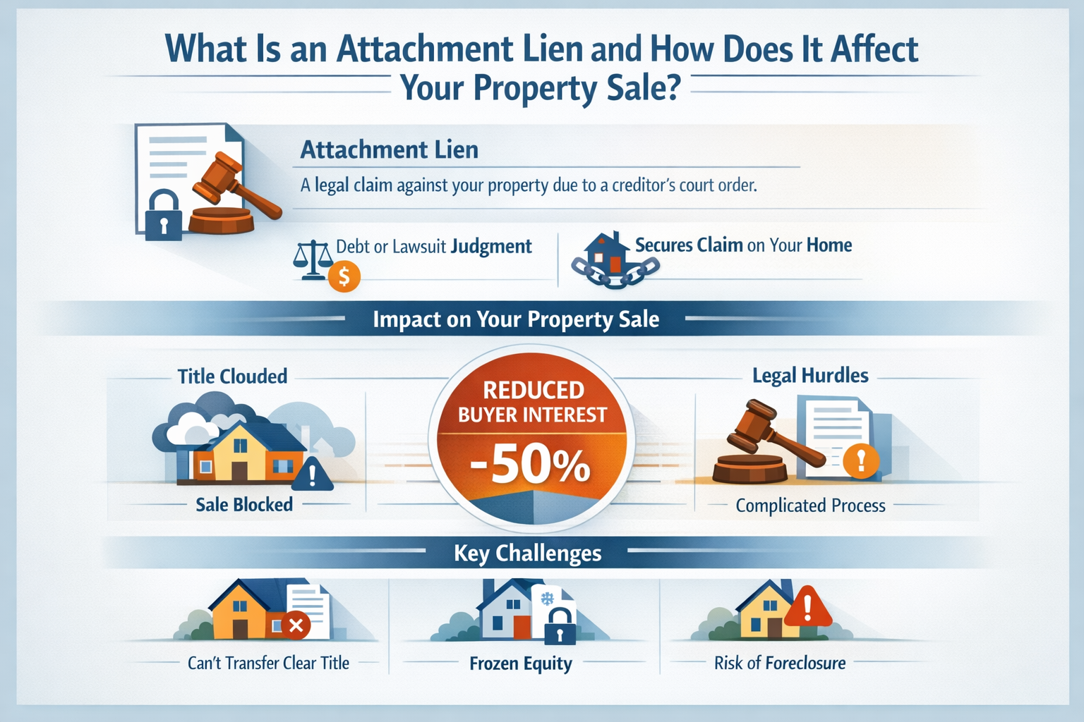 Professional infographic for article "How to Sell House with Attachment Lien: Urgent Solutions", section: "What Is an Attachment Lien and Ho
