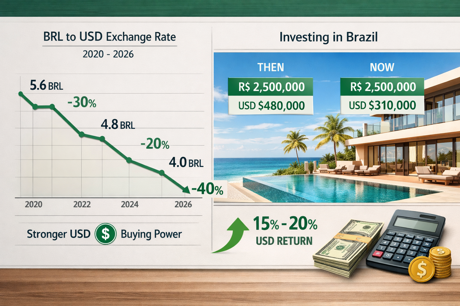 Landscape format (1536x1024) detailed infographic showing Brazil's currency advantage for foreign investors, split-screen composition with l