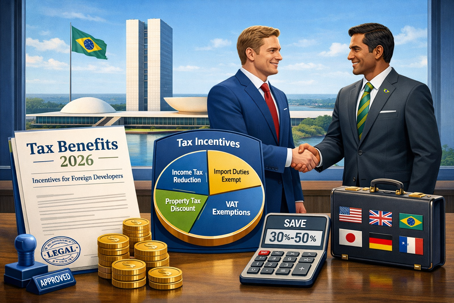 Landscape format (1536x1024) professional illustration of Brazilian tax incentive structure for foreign property developers, featuring moder