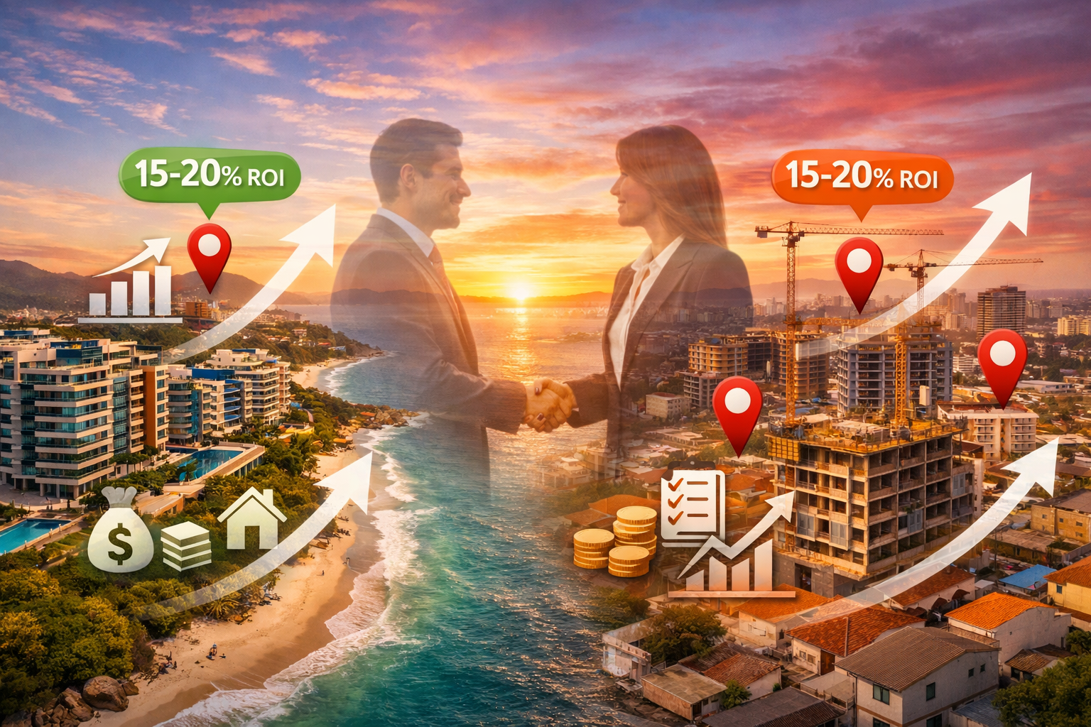 Landscape format (1536x1024) stunning aerial photograph of prime Brazilian real estate investment locations, split view showing beachfront l