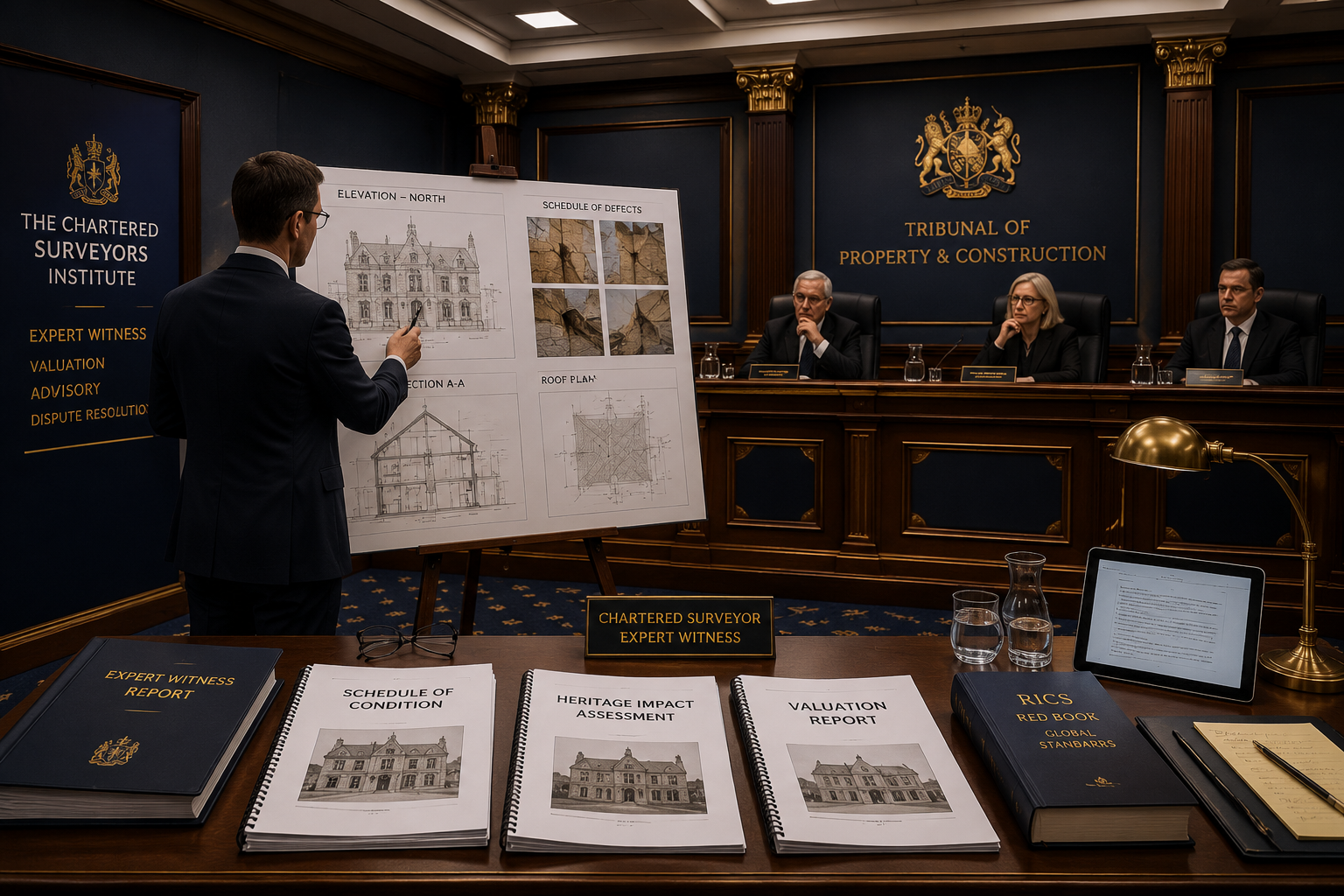 Detailed () editorial image depicting a formal expert witness courtroom or tribunal setting with a suited chartered surveyor