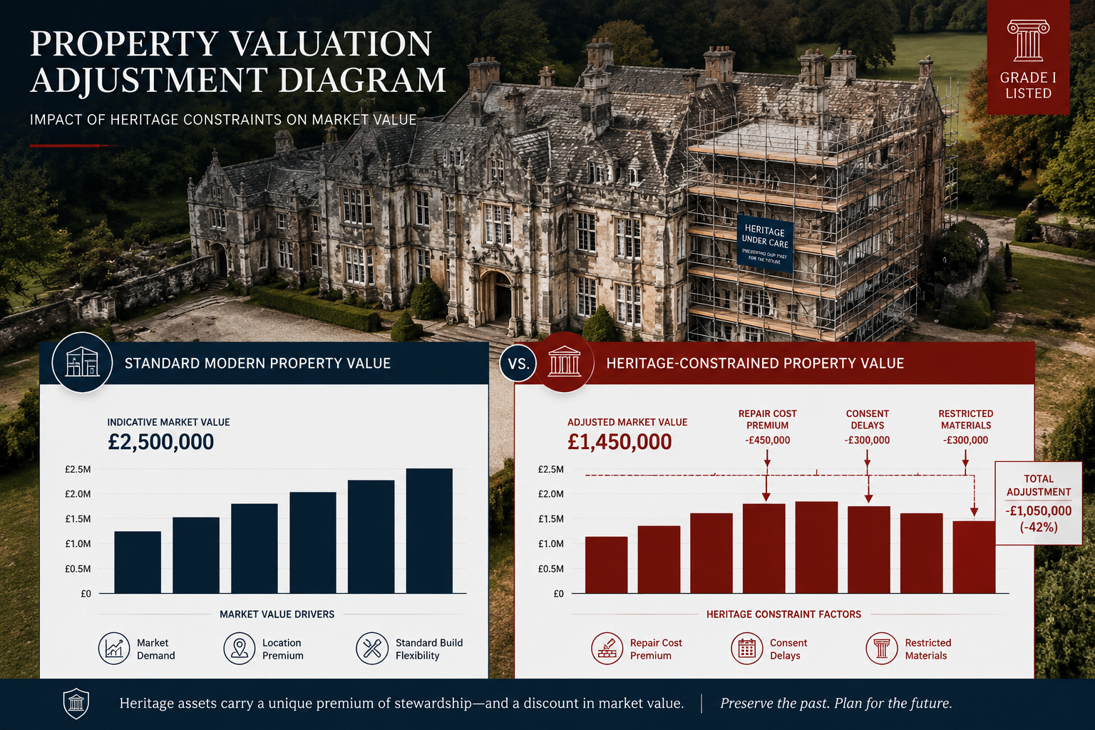 Detailed () editorial infographic-style image showing a property valuation adjustment diagram for a listed building,