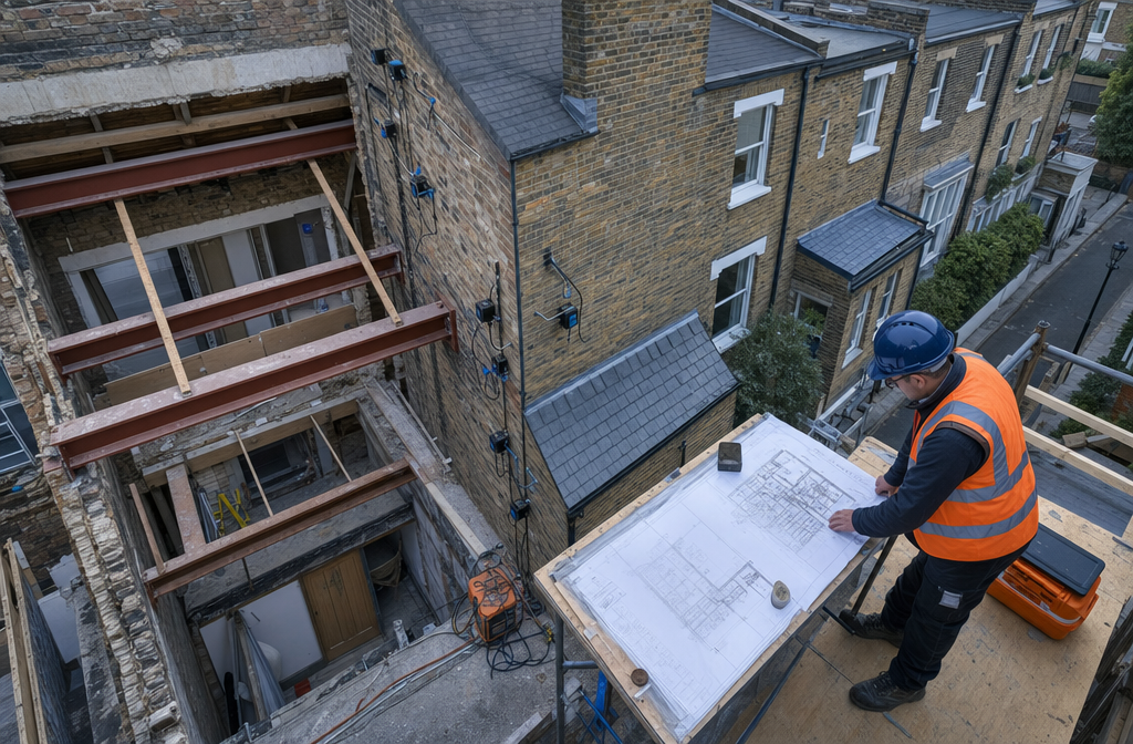 Close-up aerial perspective looking down at a London terrace street where two adjoining properties share a party wall, one