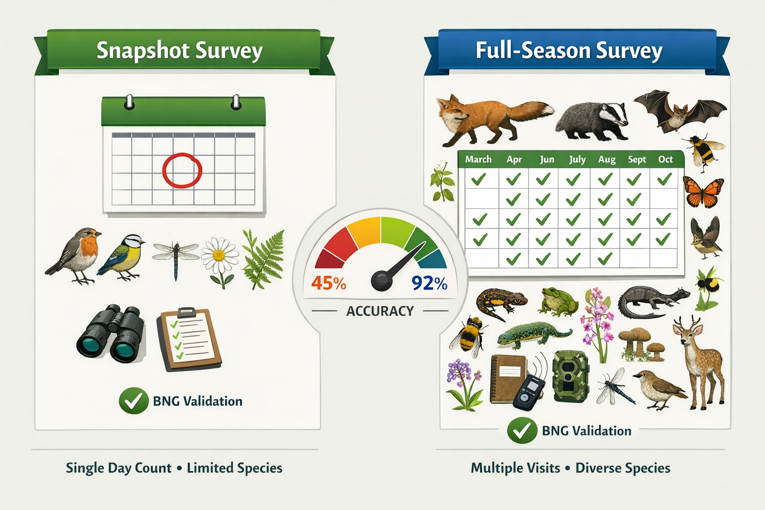 () detailed comparison infographic showing two survey methodologies side-by-side. Left panel labeled 'Snapshot Survey' shows