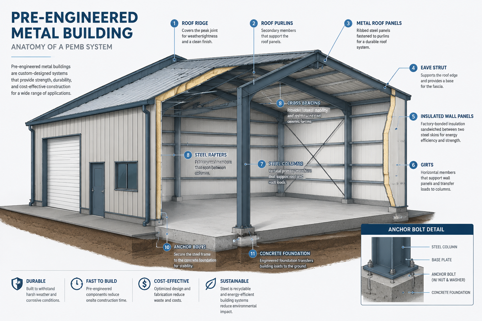 Detailed () educational infographic-style illustration showing a cutaway cross-section diagram of a pre-engineered metal