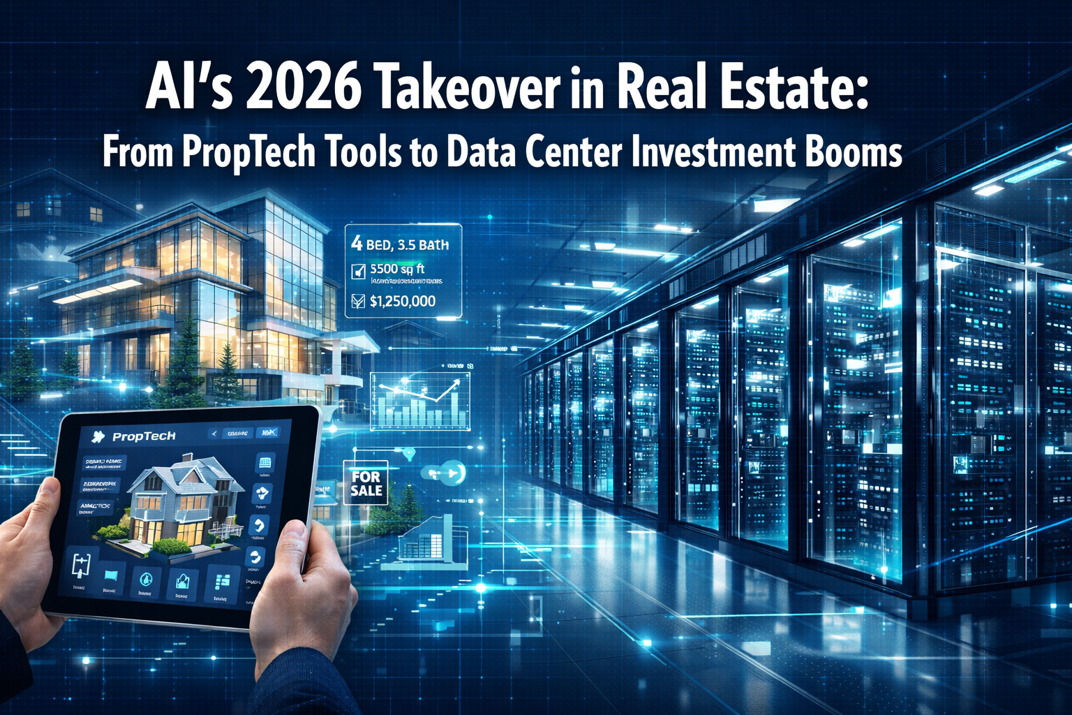 Professional landscape format (1536x1024) hero image featuring bold text overlay 'AI's 2026 Takeover in Real Estate: From PropTech Tools to 