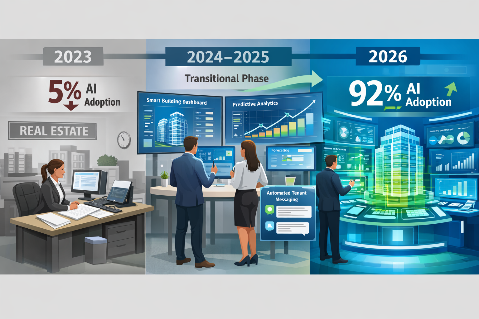 Landscape format (1536x1024) editorial illustration showing PropTech evolution timeline from 2023 to 2026, featuring three-stage visual prog