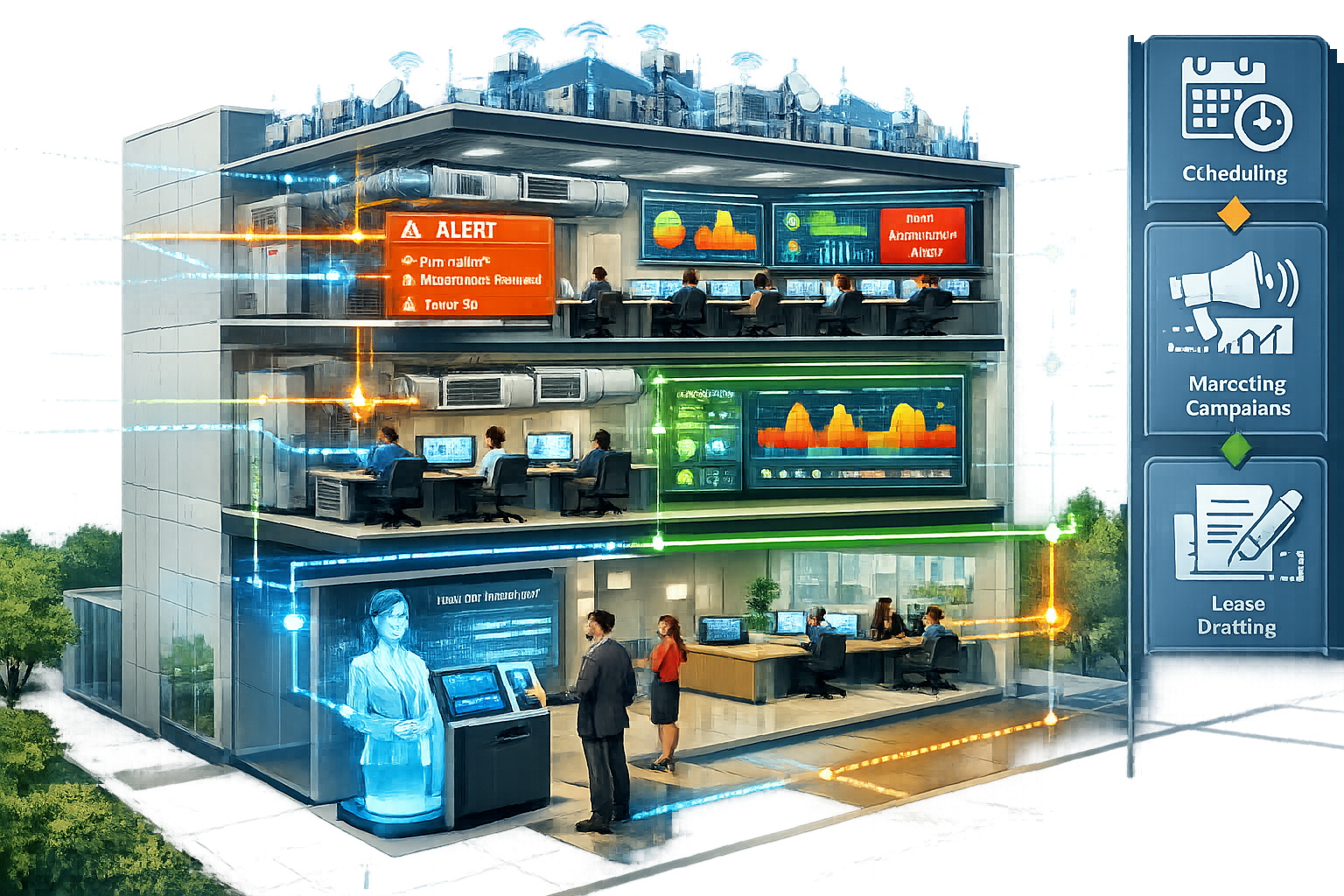 Landscape format (1536x1024) detailed cutaway architectural visualization of modern smart building showing agentic AI systems in action acro