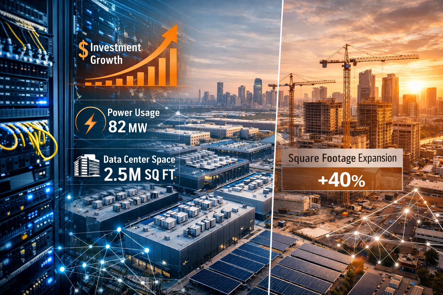 Landscape format (1536x1024) dramatic aerial photograph of massive modern data center campus with rows of server buildings, cooling towers, 