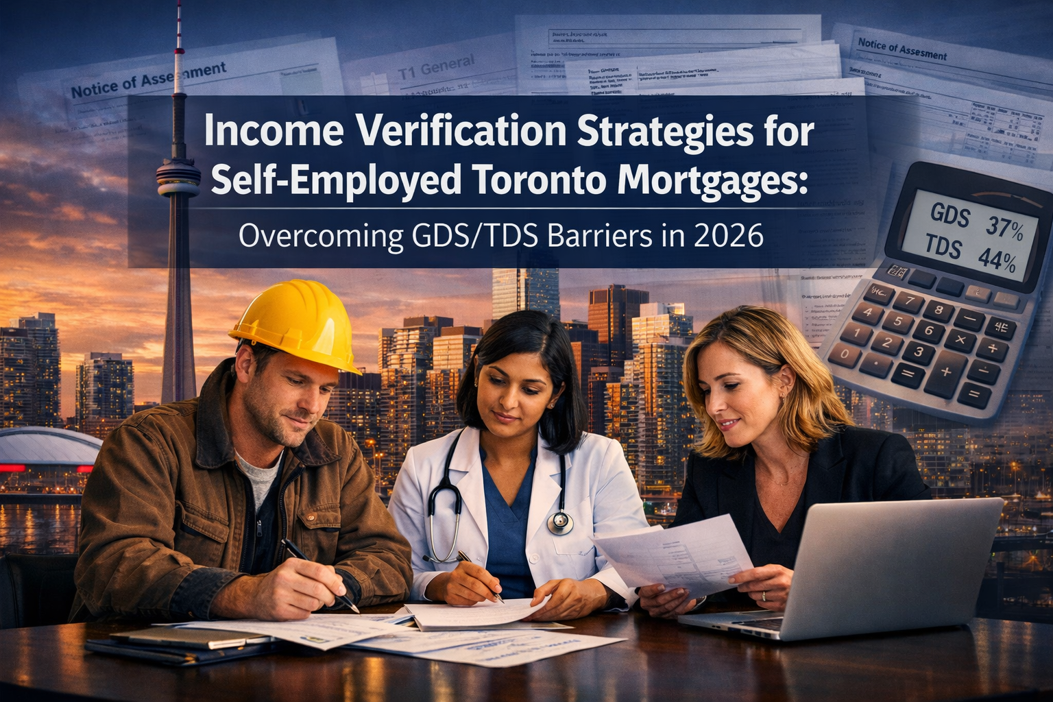 Professional () hero image featuring 'Income Verification Strategies for Self-Employed Toronto Mortgages: Overcoming GDS/TDS