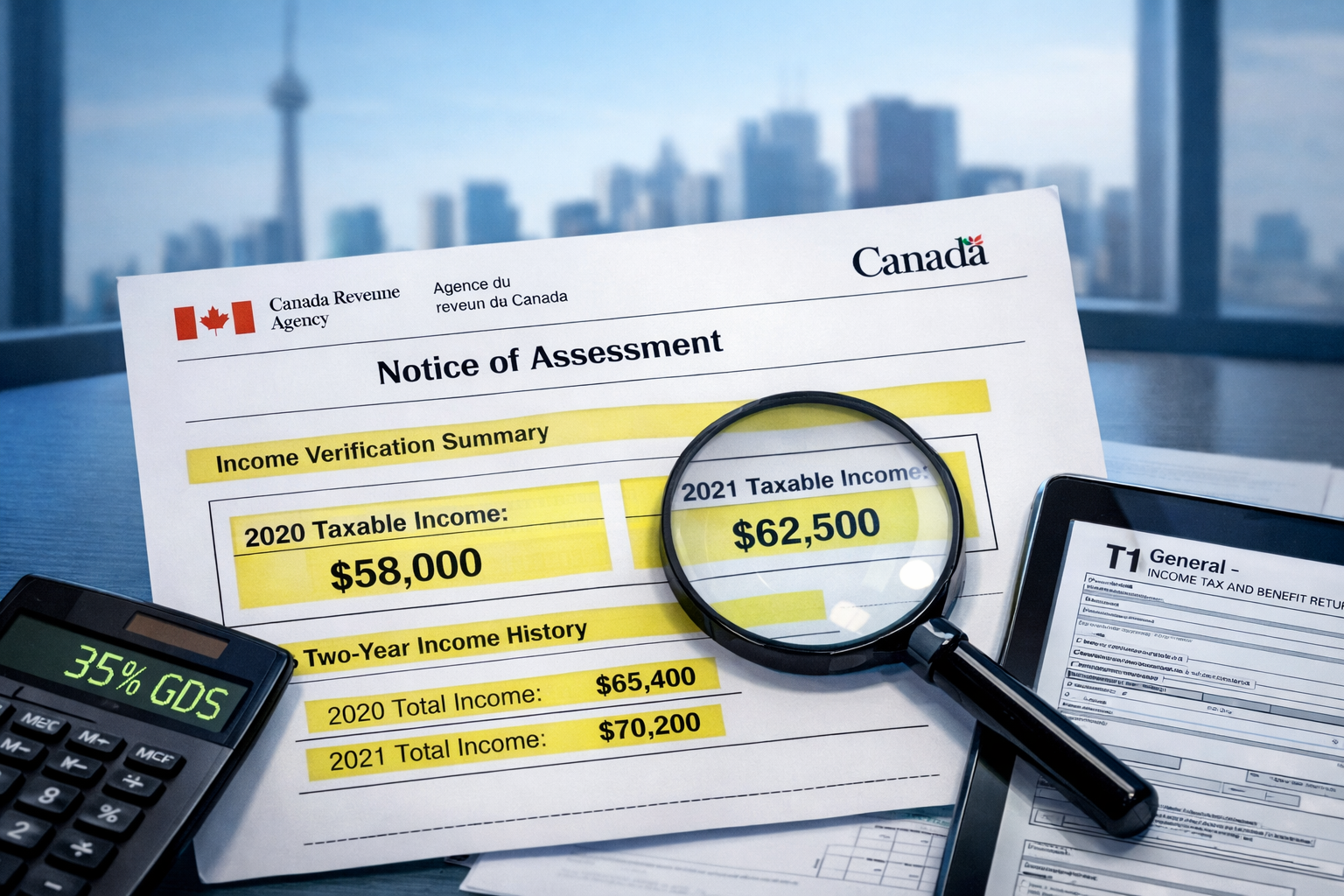() editorial image showing close-up of Canadian Notice of Assessment (NOA) document with CRA logo clearly visible, overlaid