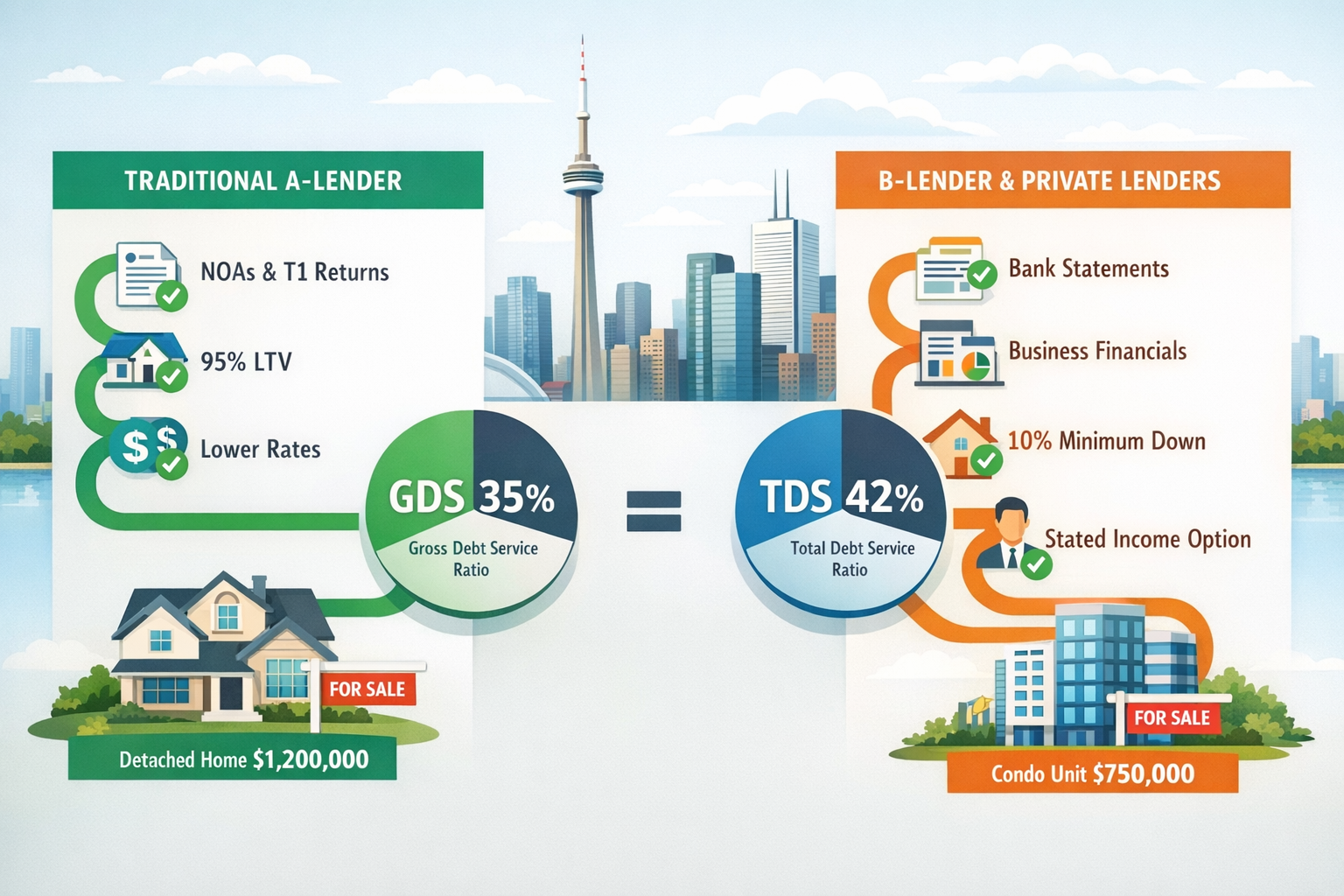 () infographic-style image displaying side-by-side comparison of traditional A-lender mortgage approval versus B-lender and
