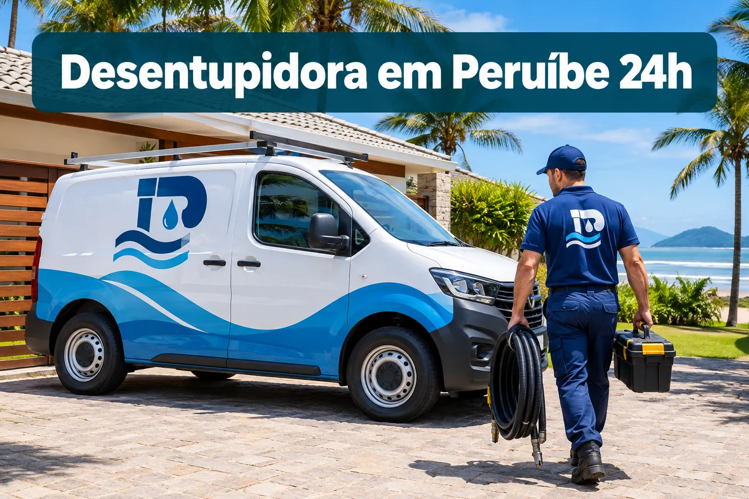 Professional () hero image with SHORT (≤42 chars): 'Desentupidora em Peruíbe 24h', white on a dark teal semi-transparent