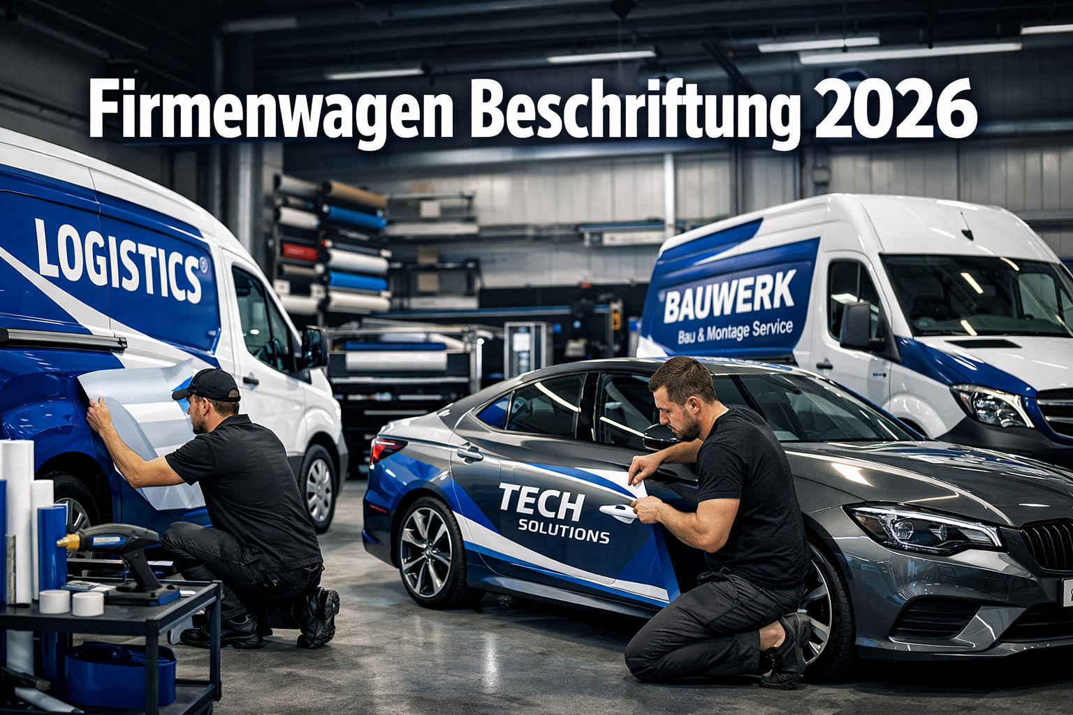 Professional landscape format (1536x1024) hero image with bold text overlay 'Firmenwagen Beschriftung 2026' in extra large 70pt white sans-s