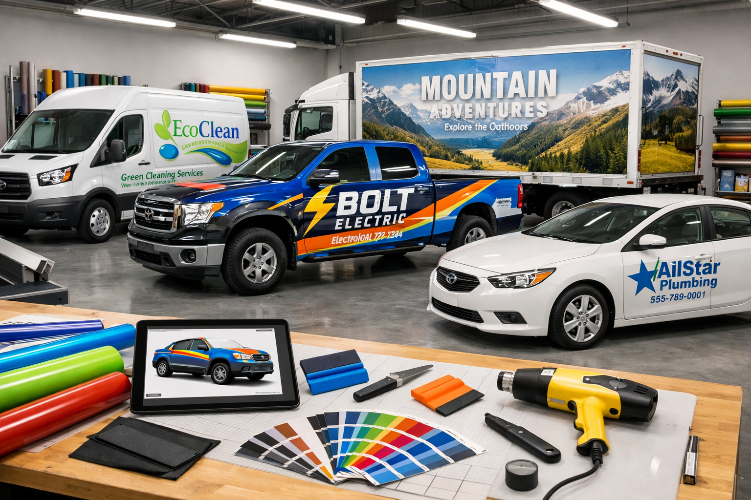Landscape format (1536x1024) image showing various types of company vehicle graphics including partial wraps, full wraps, and simple letteri