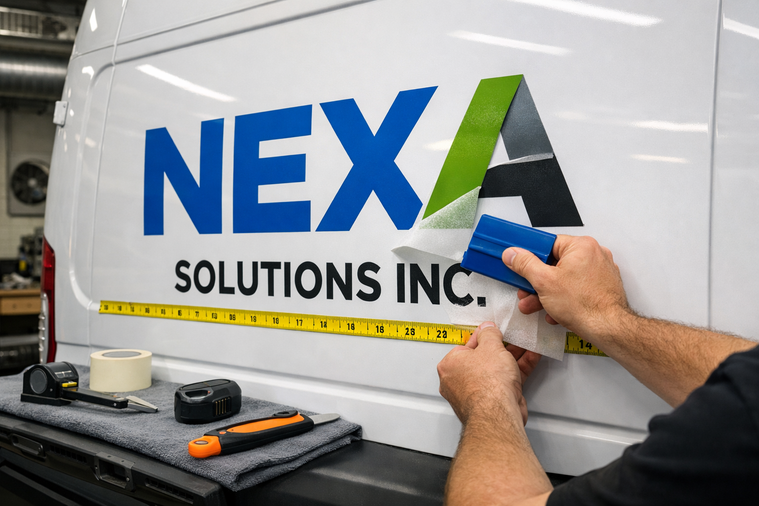 Detailed landscape image (1536x1024) featuring close-up view of high-quality vinyl lettering being precisely applied to a white company van.