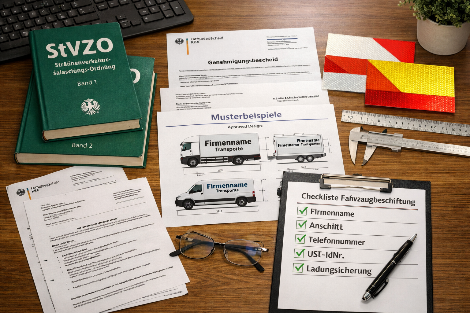 Landscape format (1536x1024) image showing legal compliance elements for German commercial vehicle regulations. Features official documents,