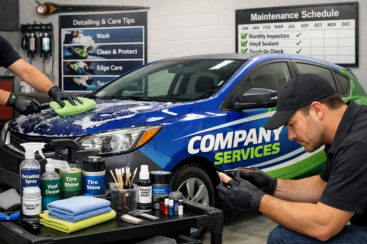 Professional landscape image (1536x1024) depicting vehicle maintenance scene with wrapped company car being cleaned and inspected. Shows pro