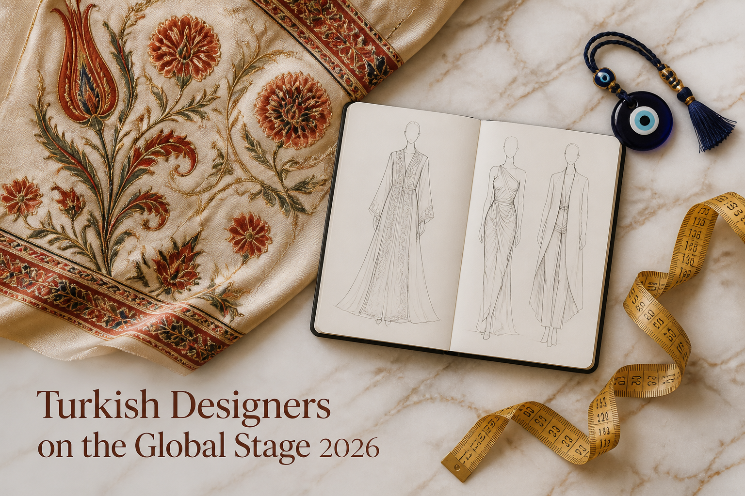 () editorial image showing a curated flat-lay of Turkish fashion design elements: hand-embroidered silk fabric with Ottoman