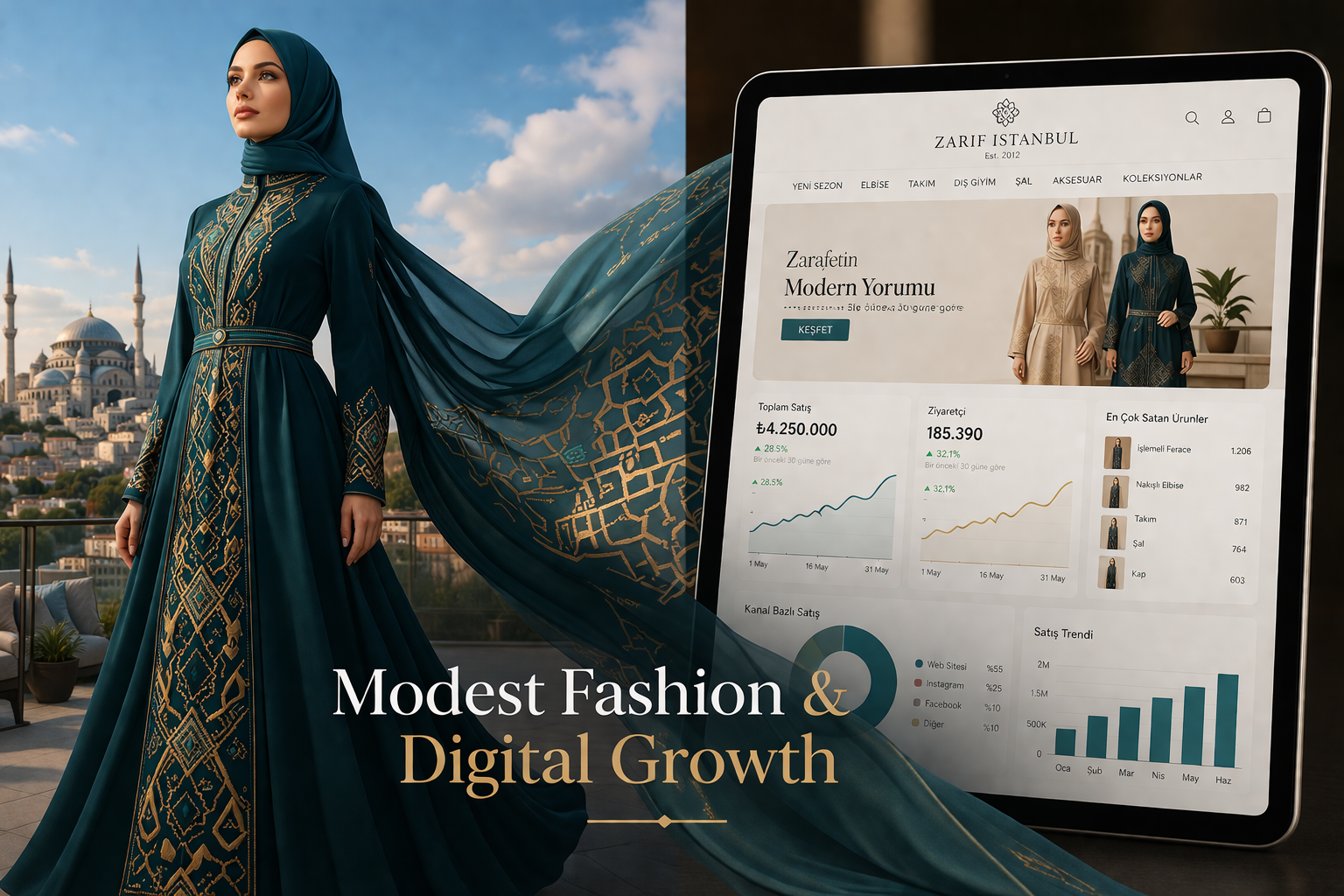 () split-composition image: left half shows a model wearing a contemporary modest fashion gown with intricate geometric