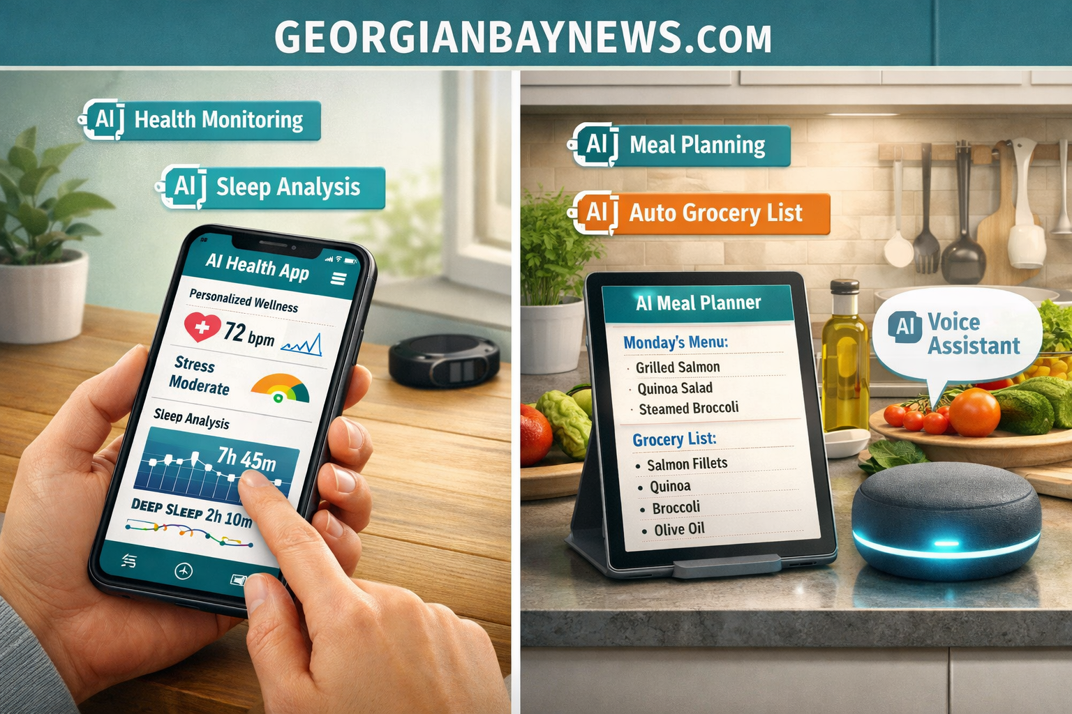 Detailed () editorial illustration showing a split-scene composition: on the left, a person using an AI-powered health app