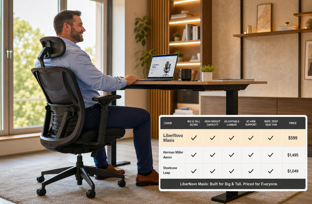 LiberNovo Maxis Chair Detailed landscape format (1536x1024) lifestyle scene showing a tall, broad-shouldered professional man (approximately 6ft 4in) working comfortably at a standing-height desk in a bright modern office, seated in the LiberNovo Maxis chair, posture upright and relaxed, laptop open, natural window light from the left. Inset comparison panel in the bottom-right corner shows a price comparison table listing LiberNovo Maxis, Herman Miller Aeron, and Steelcase Leap with checkmarks for big-and-tall features. Warm, inviting color palette, editorial photography style, high resolution.