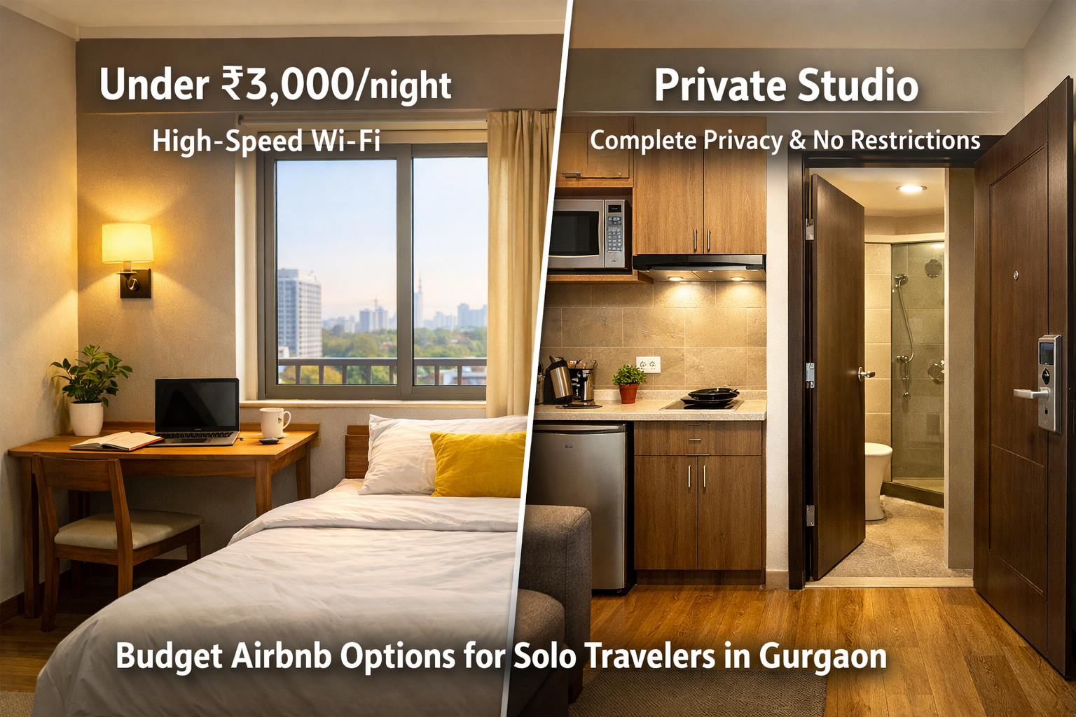 Detailed () image prompt illustrating various budget Airbnb options for solo travelers in Gurgaon. The scene depicts a split
