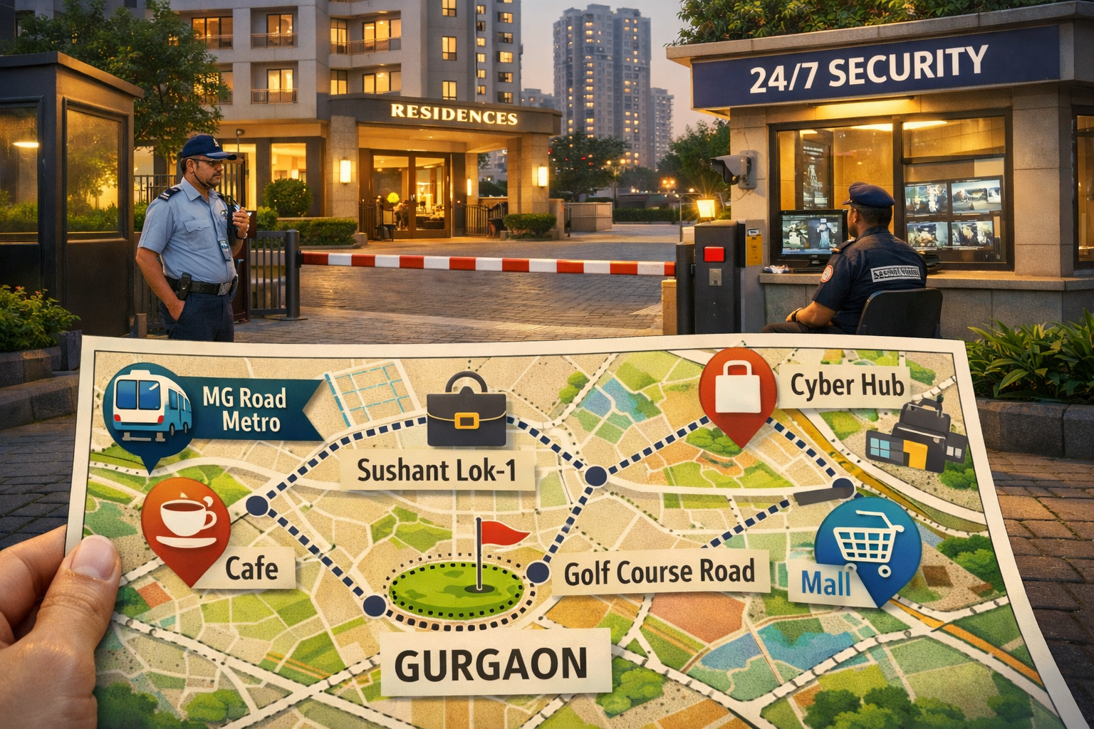 Detailed () image prompt focusing on the security and strategic location benefits of Airbnbs in Gurgaon for solo travelers.