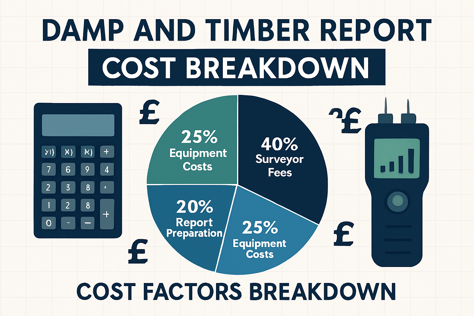 Detailed infographic showing damp and timber report cost breakdown with pie chart displaying percentage allocations: surveyor fees (40%), eq