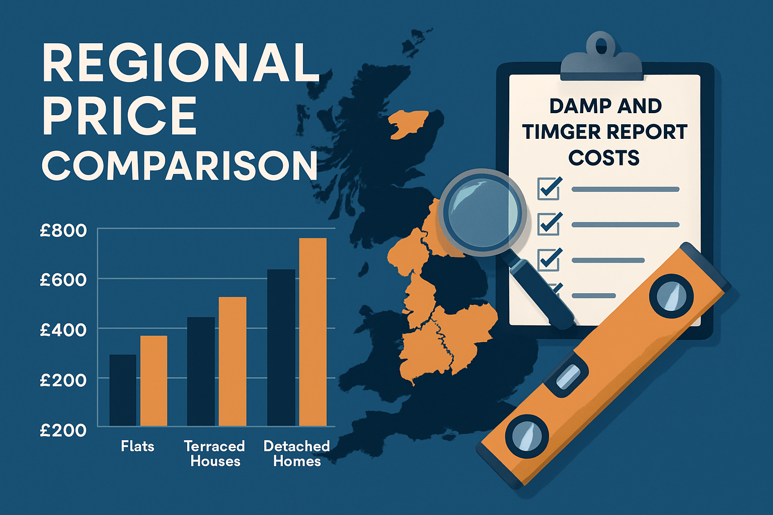 Professional comparison chart showing damp and timber report costs across different UK regions with bar graph format. Shows price ranges fro