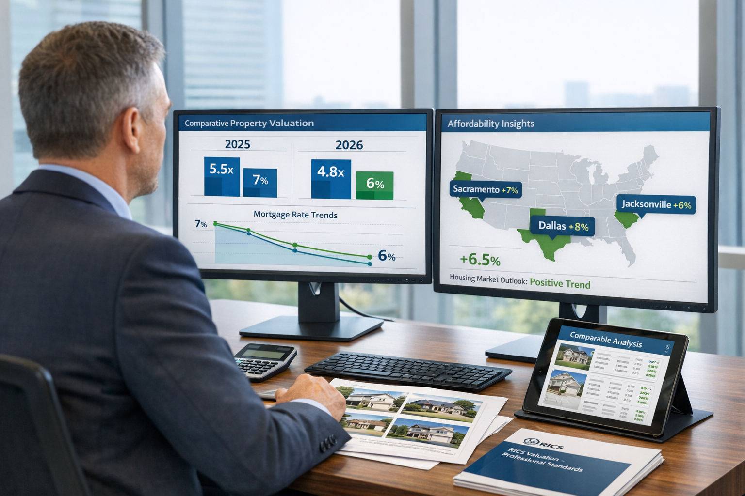Detailed () editorial image showing professional chartered surveyor in business attire seated at modern desk with dual