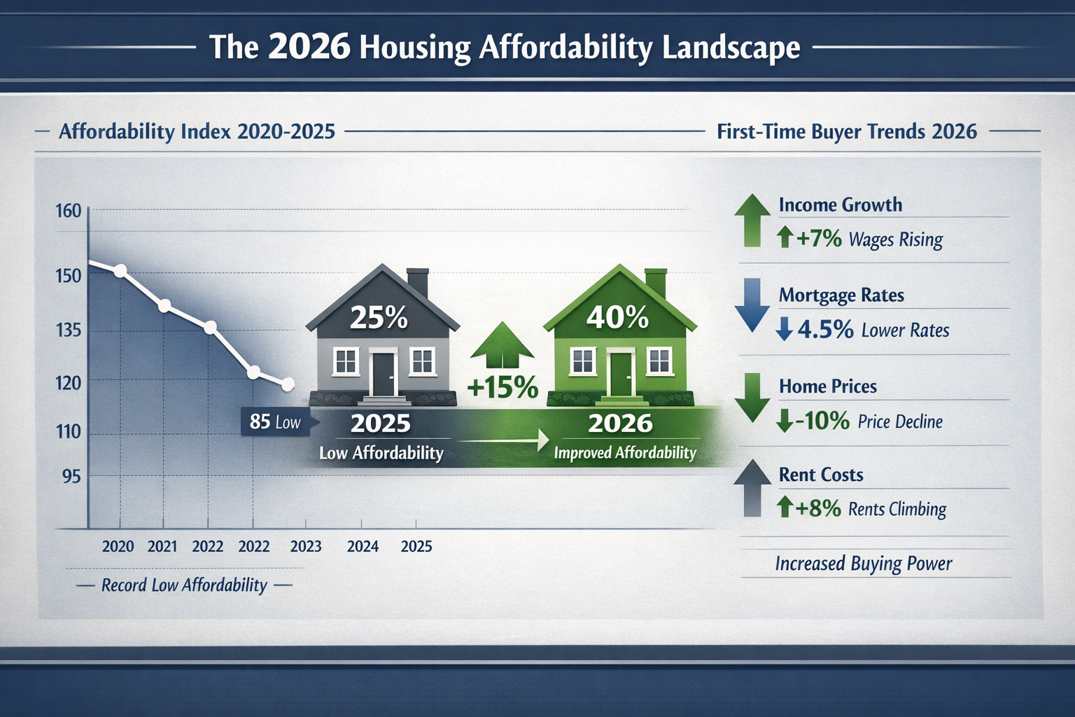 A detailed infographic illustrating the 2026 housing affordability landscape, featuring a split-screen visualization