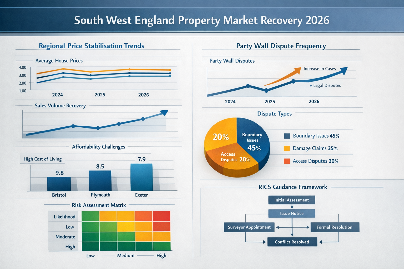 Comprehensive () infographic visualization displaying South West England property market recovery data for 2026,