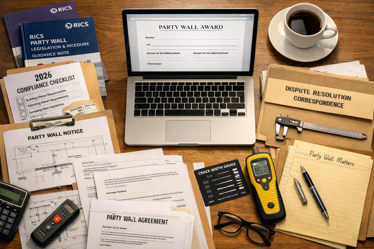 Detailed () image showing surveyor's desk workspace with party wall documentation spread out, RICS guidance manuals and 2026