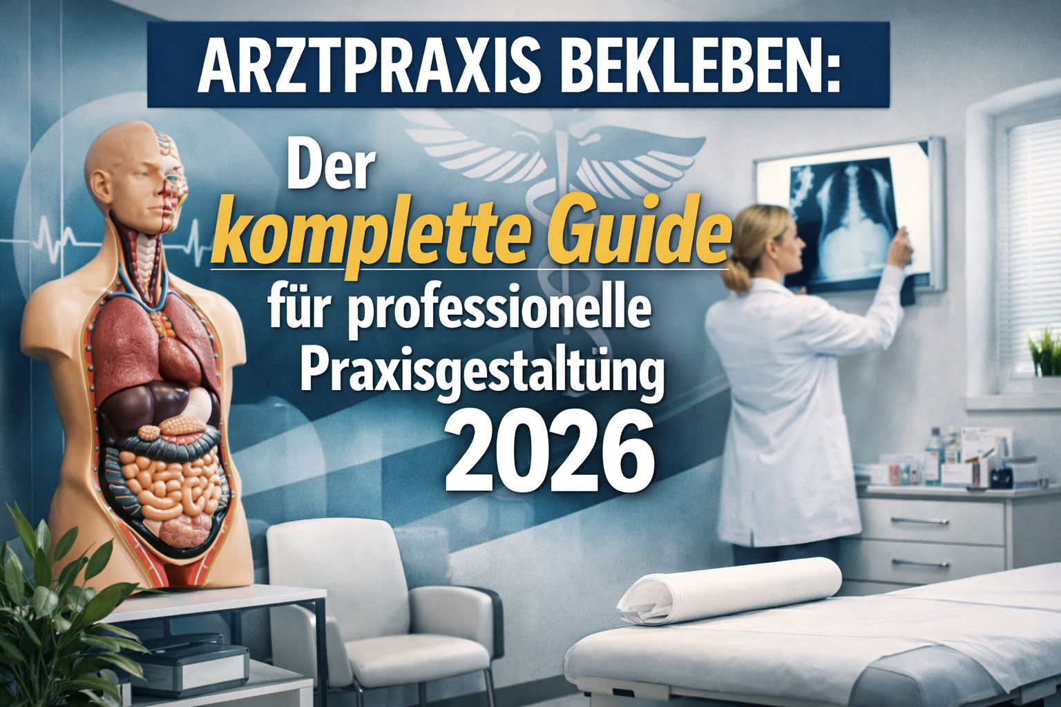 Professional hero image with bold text overlay: "Arztpraxis Bekleben: Der komplette Guide für professionelle Praxisgestaltung 2026". Modern 