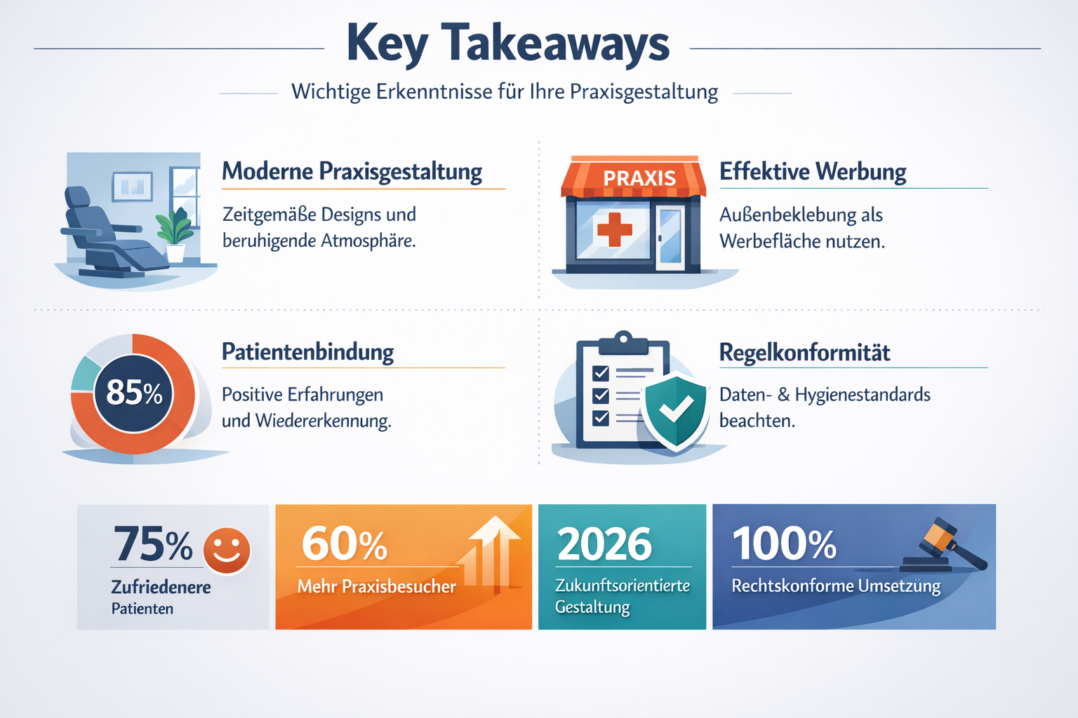 Professional infographic for article "Arztpraxis Bekleben: Der komplette Guide für professionelle Praxisgestaltung 2026", section: "Key Take