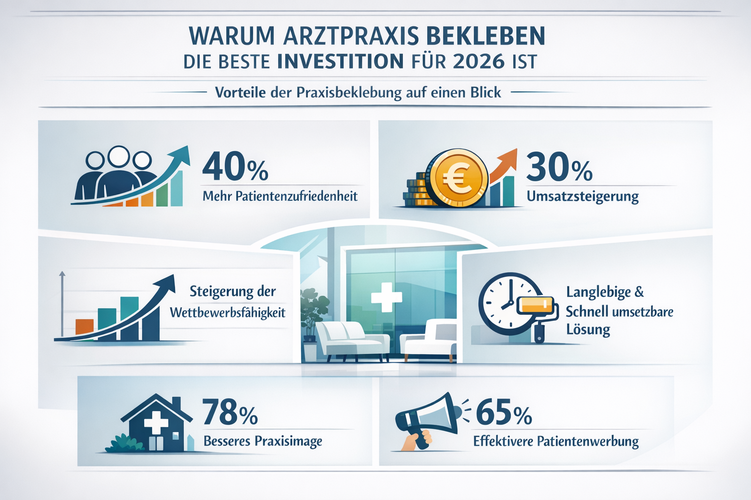 Professional infographic for article "Arztpraxis Bekleben: Der komplette Guide für professionelle Praxisgestaltung 2026", section: "Warum Ar