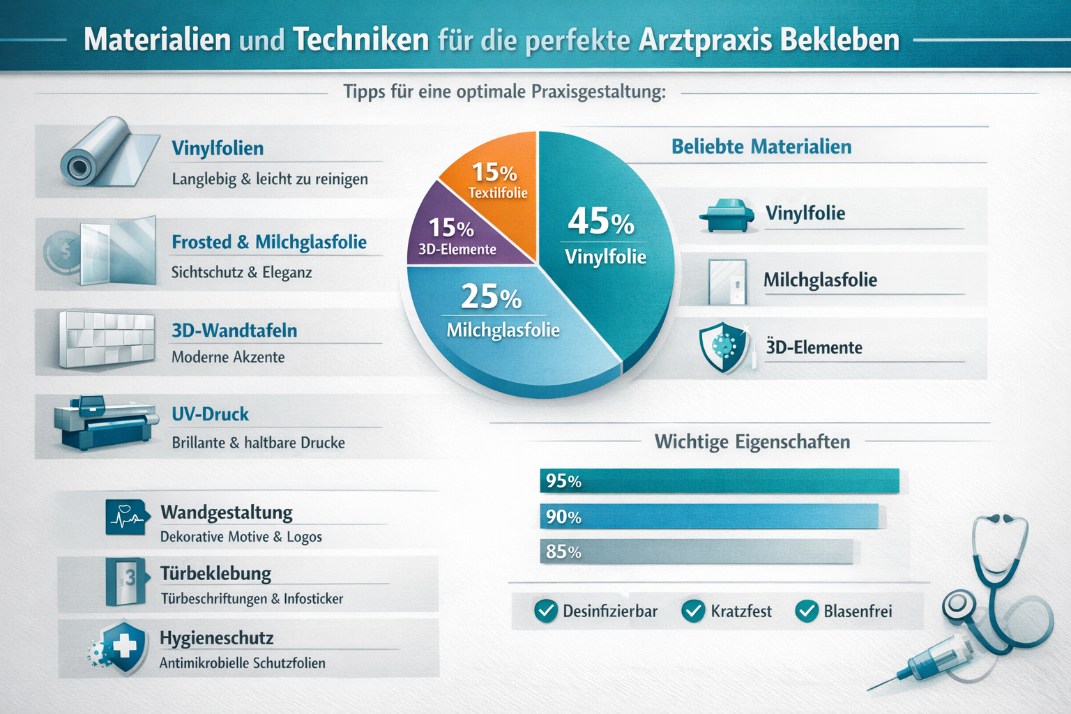 Professional infographic for article "Arztpraxis Bekleben: Der komplette Guide für professionelle Praxisgestaltung 2026", section: "Material