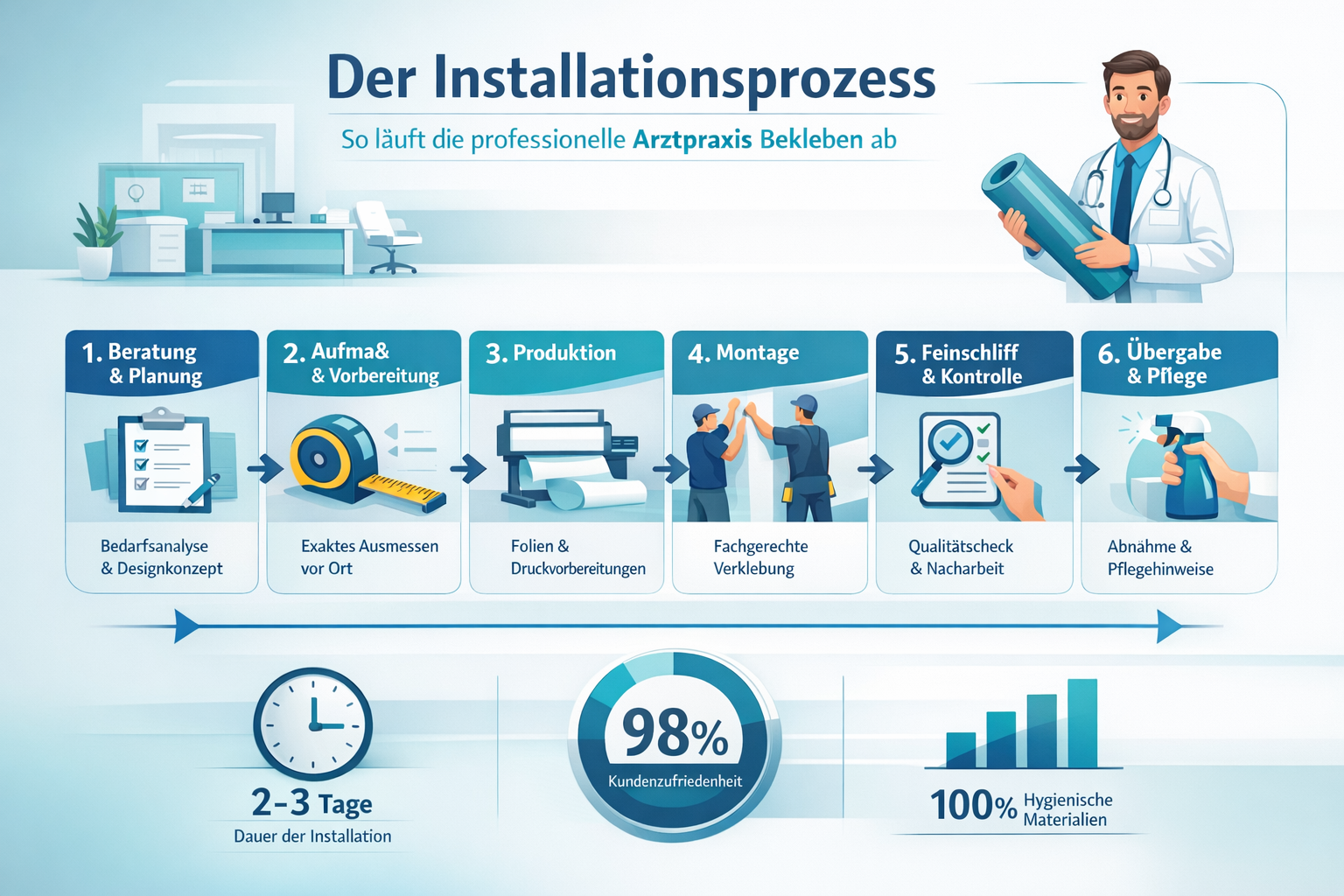 Professional infographic for article "Arztpraxis Bekleben: Der komplette Guide für professionelle Praxisgestaltung 2026", section: "Der Inst