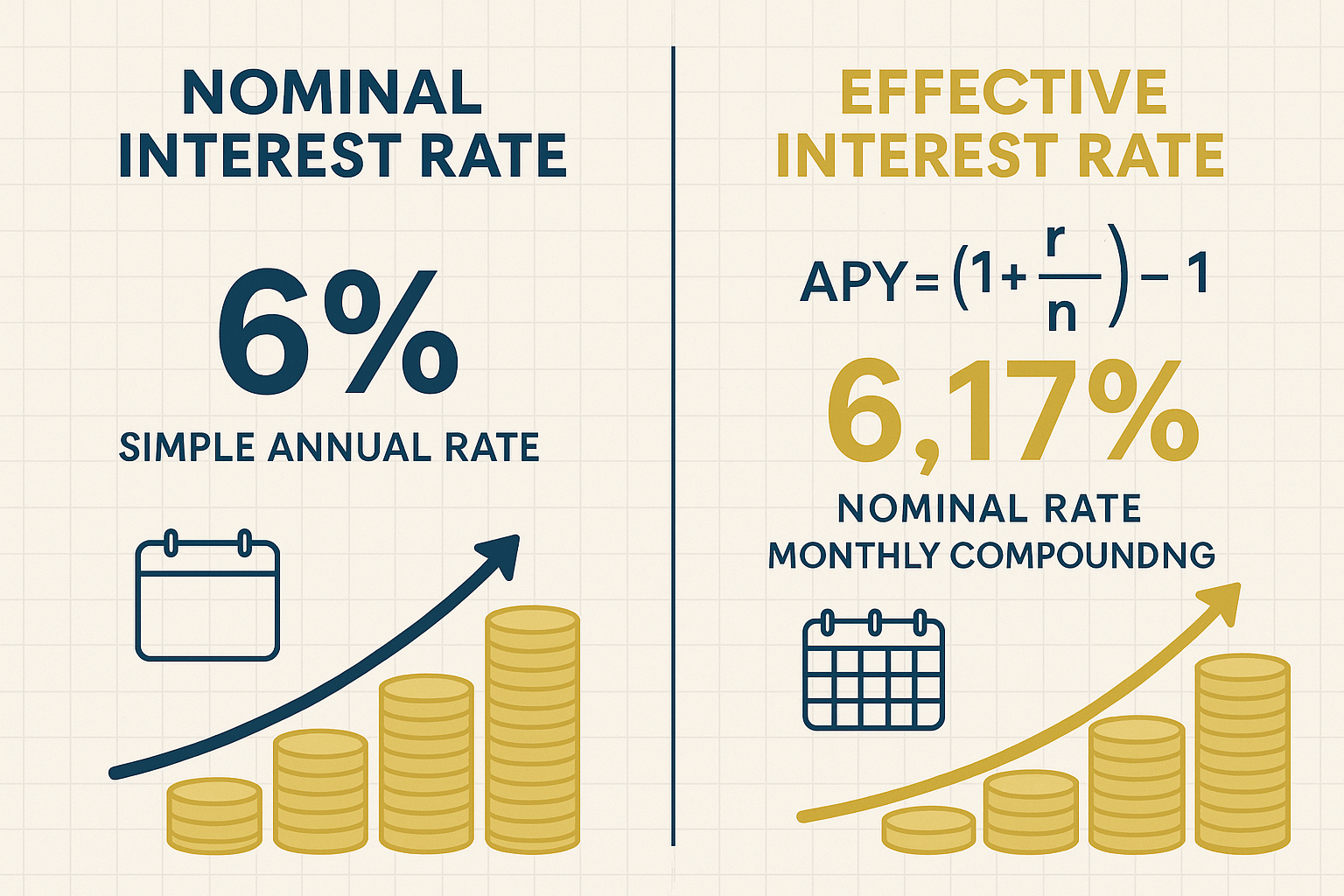 Detailed landscape infographic (1536x1024) showing side-by-side comparison of nominal versus effective interest rate calculations. Left pane