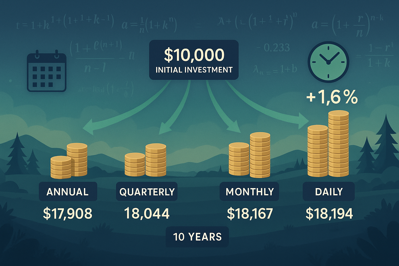 Detailed landscape visualization (1536x1024) illustrating real-world impact of compounding frequency on investment returns. Center shows Section Image0